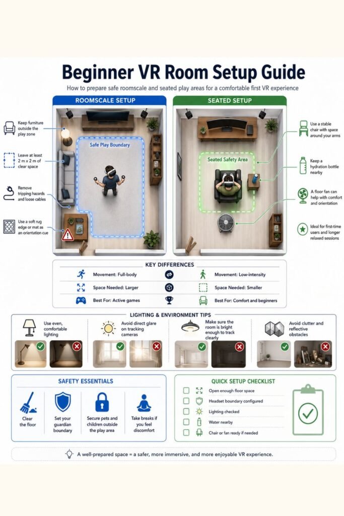 Beginner VR room setup infographic showing safe play area dimensions