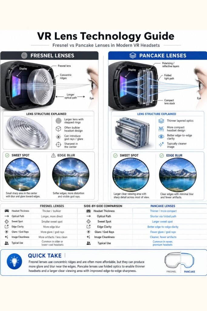 Comparison infographic between Fresnel lenses and pancake lenses in VR headsets