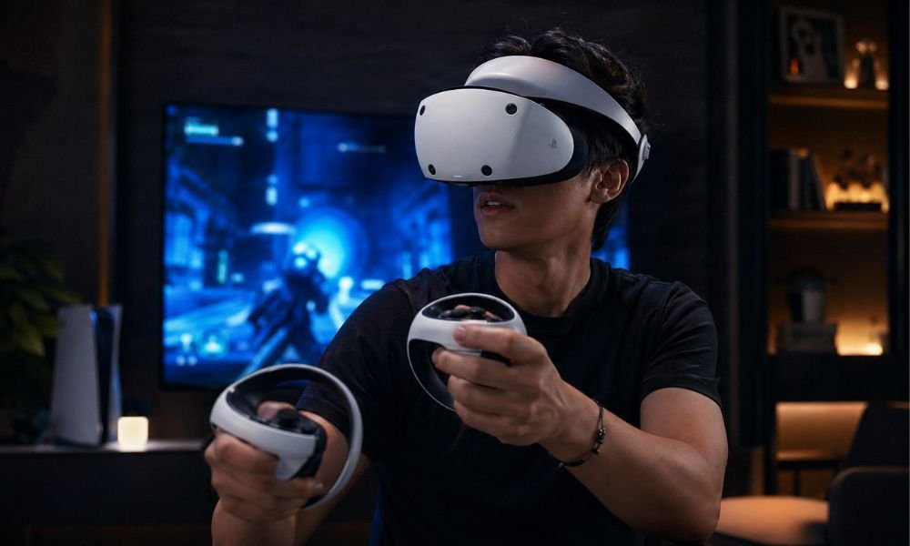 Beginner using PSVR2 headset in a PlayStation gaming setup