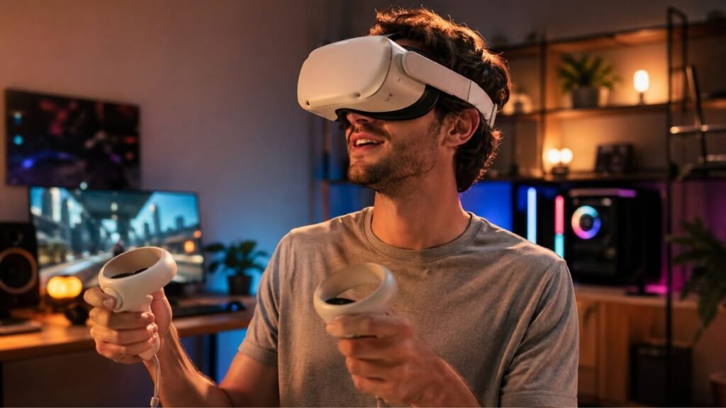Beginner using a VR headset while exploring virtual reality for the first time