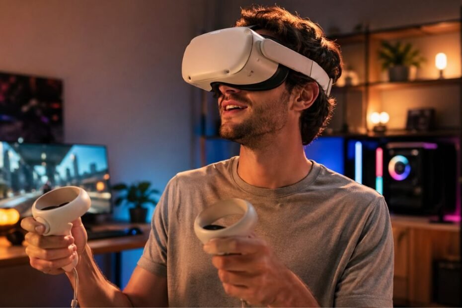 Beginner using a VR headset while exploring virtual reality for the first time