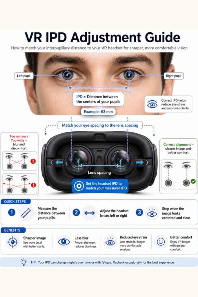 VR IPD adjustment diagram showing correct lens spacing for eye comfort