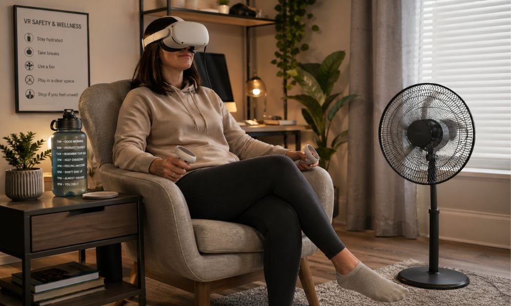 Beginner preventing VR motion sickness using safe setup techniques