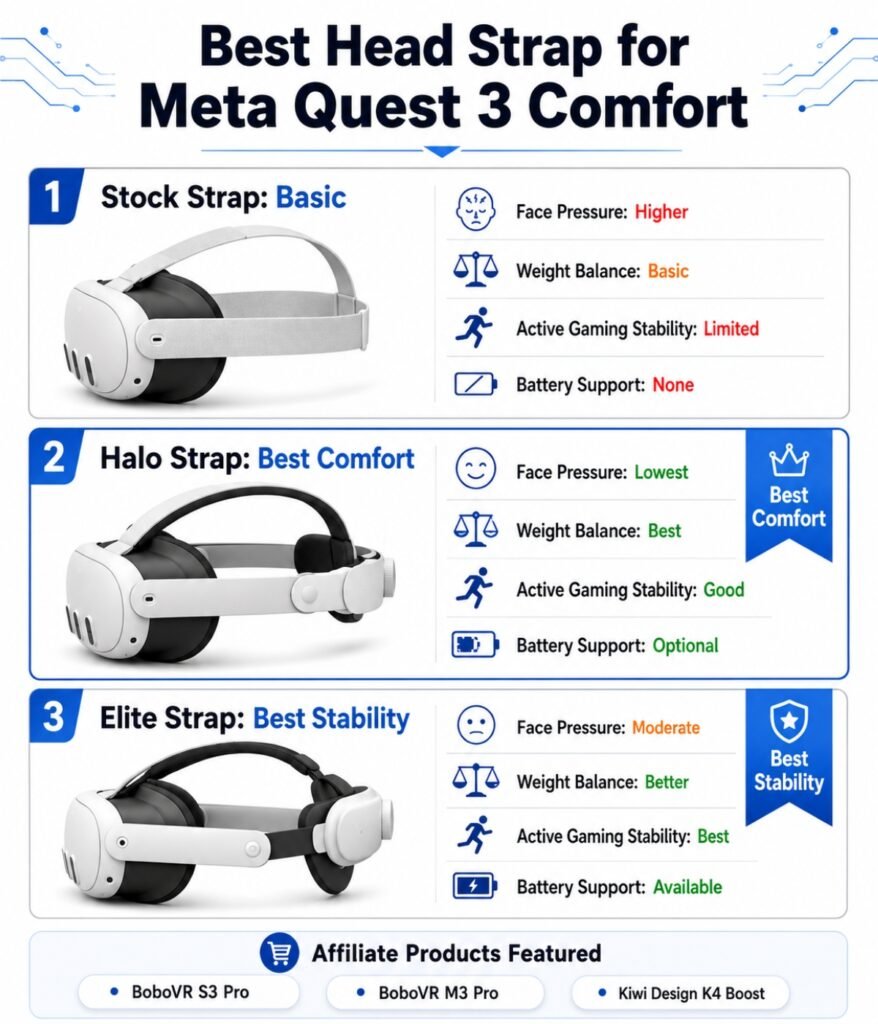 Best head strap for Meta Quest 3 comfort comparison including halo and elite style straps