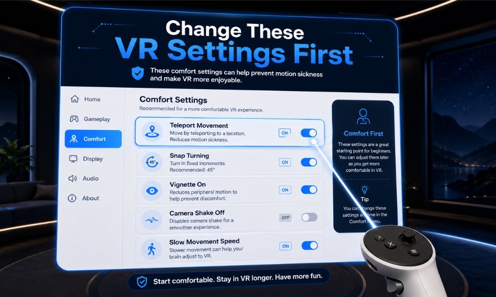 Best VR comfort settings for motion sickness including teleport movement and snap turning