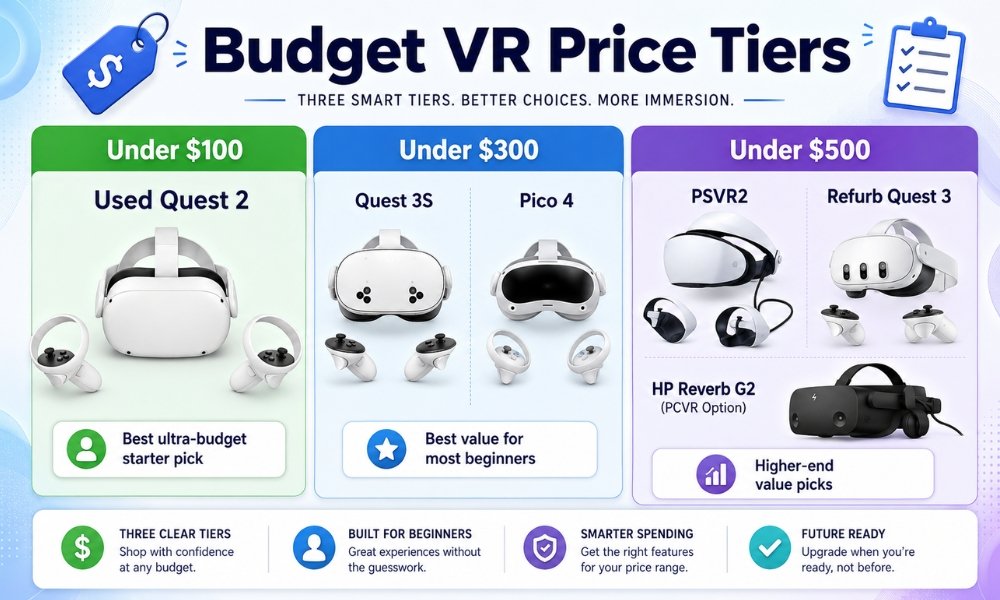 Budget VR headset price tiers for cheapest VR headsets in 2026