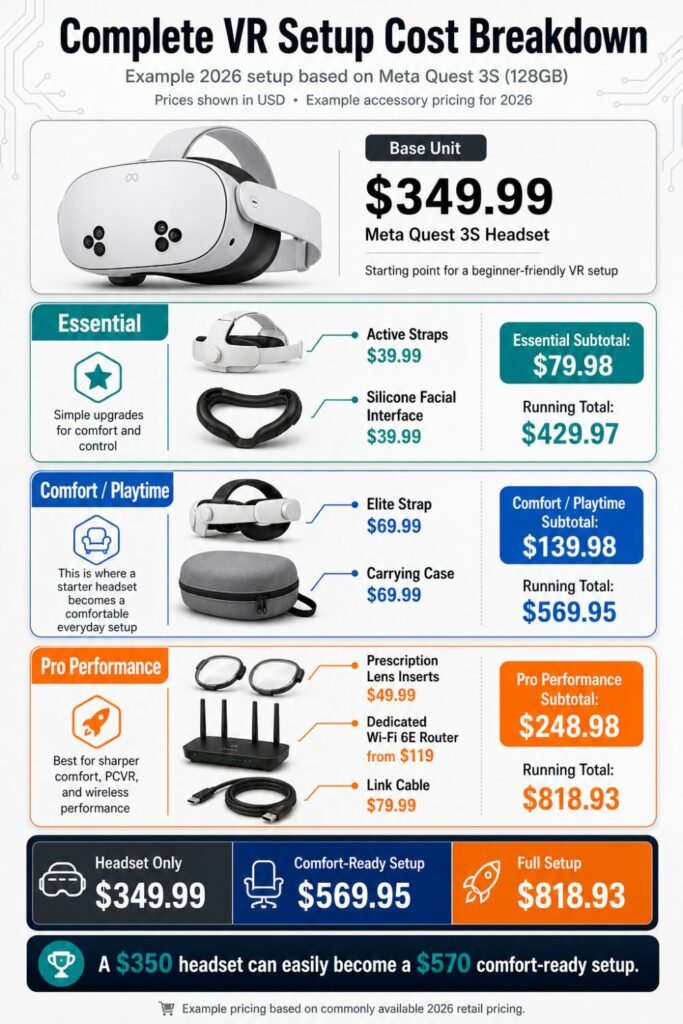 Budget VR hidden costs infographic showing accessory pricing