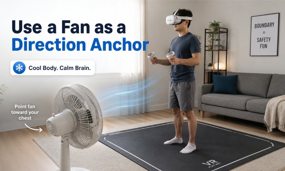 Floor fan setup to reduce VR motion sickness and help beginners stay oriented