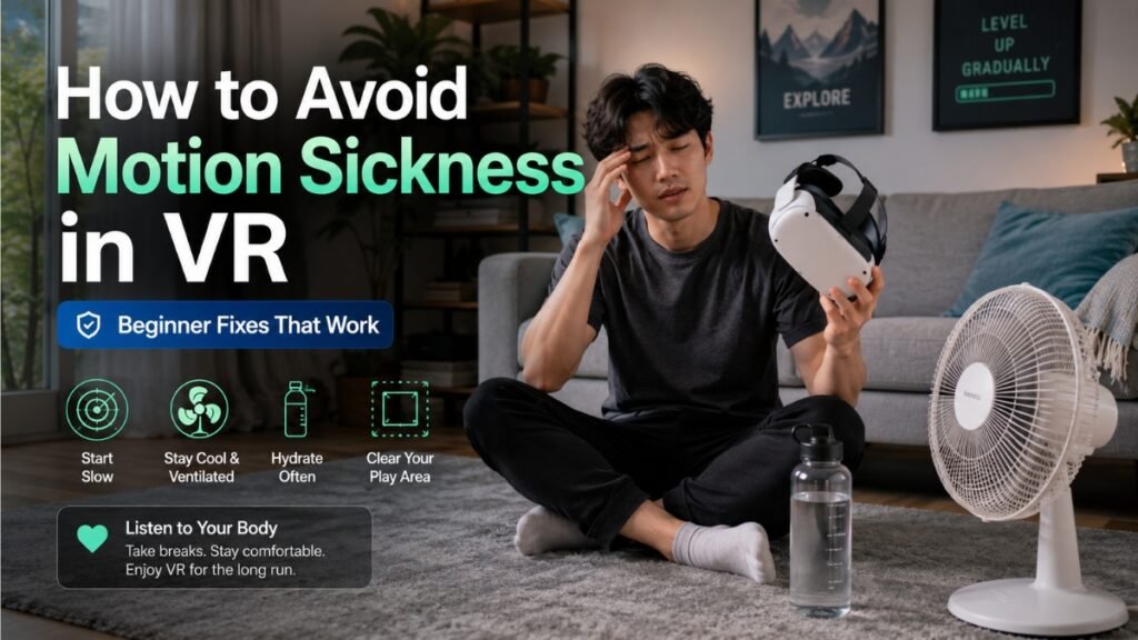 How to avoid motion sickness in VR beginner troubleshooting guide with headset and fan setup