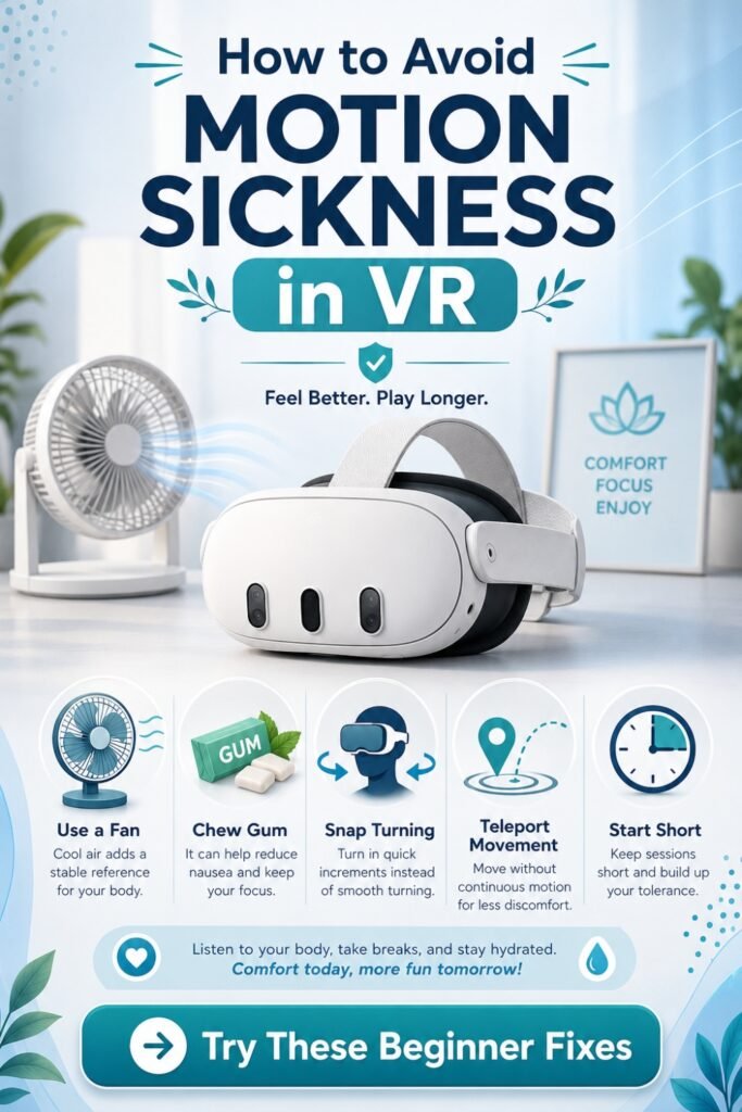 How to avoid motion sickness in VR Pinterest pin with beginner nausea fixes