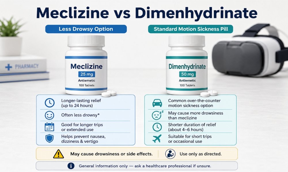 Meclizine vs dimenhydrinate for gaming vertigo and VR motion sickness