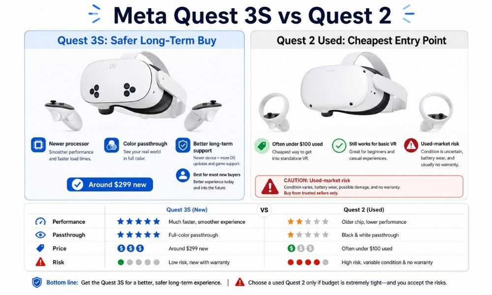 Meta Quest 3S vs Quest 2 budget VR headset comparison for beginner buyers
