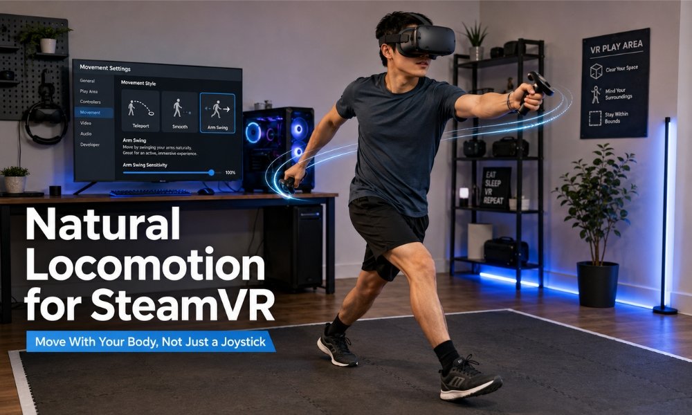 Natural Locomotion SteamVR review showing arm swing movement to reduce VR sickness