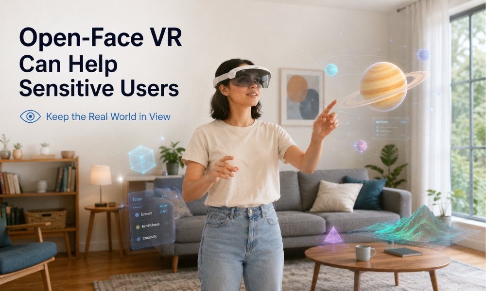 Open face mixed reality VR setup to reduce motion sickness by keeping real world peripheral vision visible