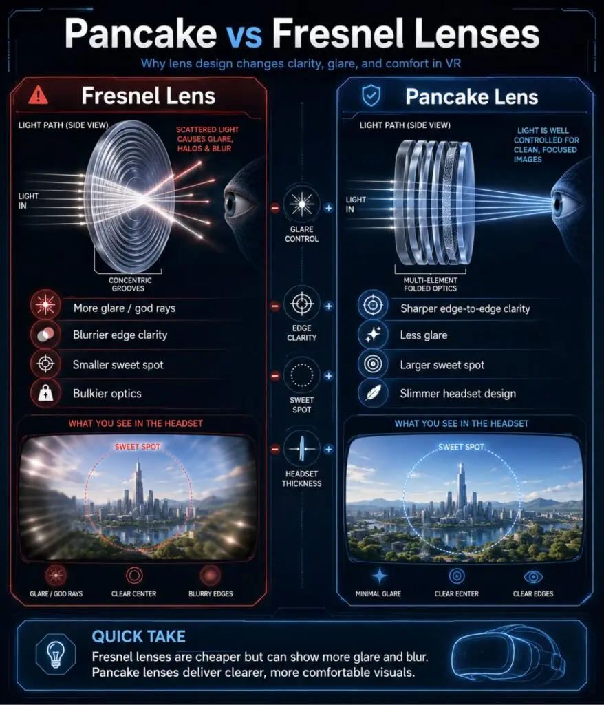 Pancake vs Fresnel VR lens clarity comparison infographic