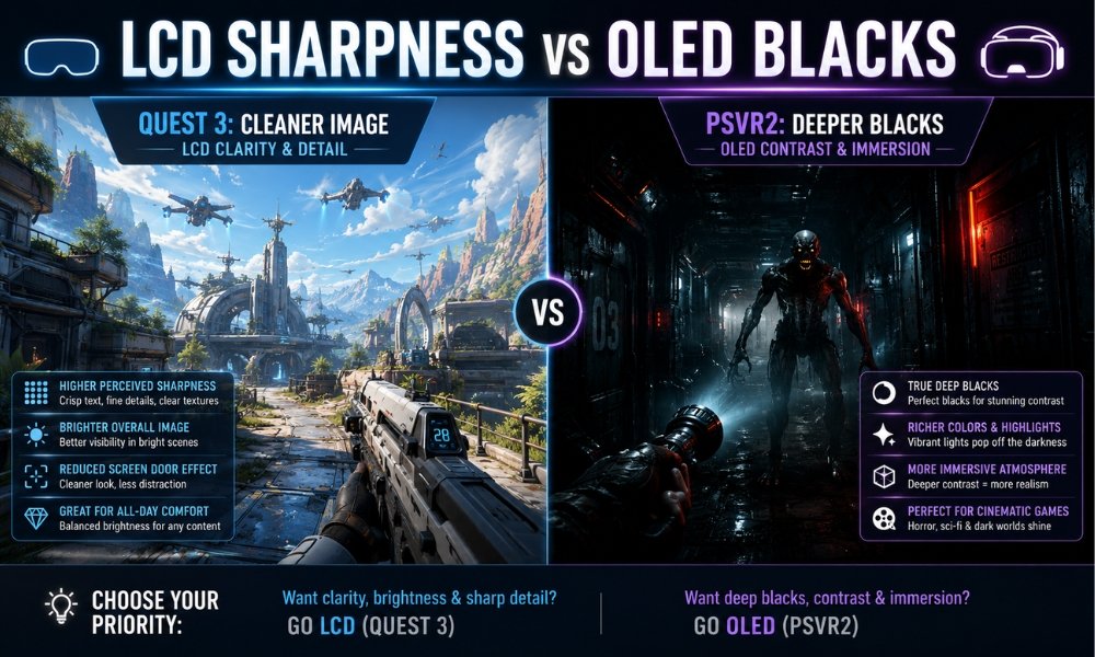 Quest 3 LCD vs PSVR2 OLED display comparison for VR beginners