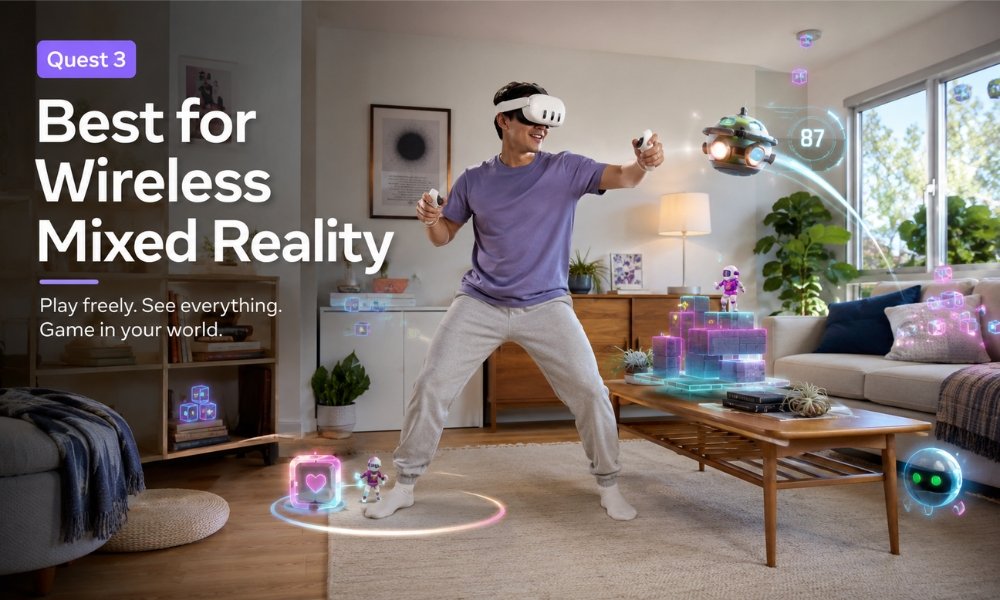 Quest 3 mixed reality beginner use in living room with wireless VR setup