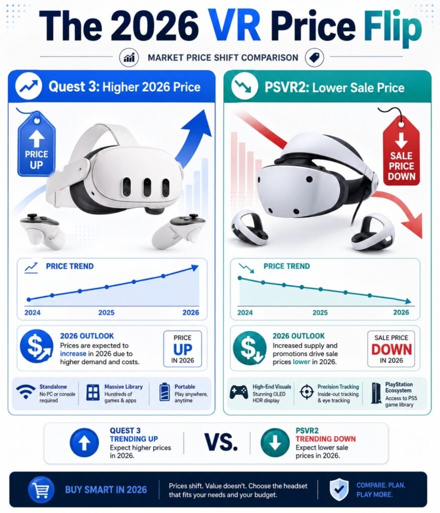 Quest 3 vs PSVR2 2026 price comparison showing Quest 3 price increase and PSVR2 price drop