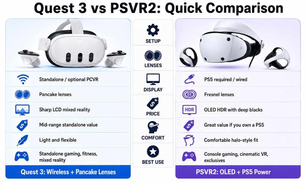 Quest 3 vs PSVR2 quick comparison chart for beginner VR buyers
