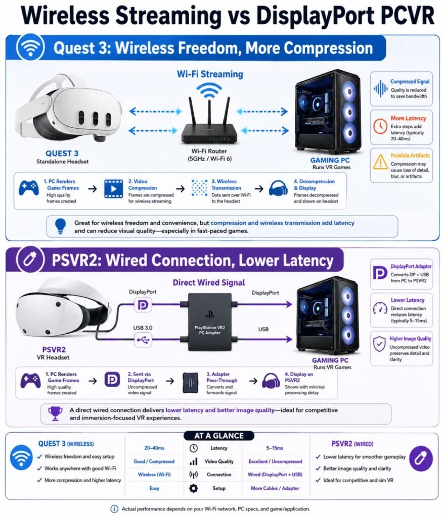 Quest 3 wireless streaming vs PSVR2 DisplayPort latency PCVR comparison