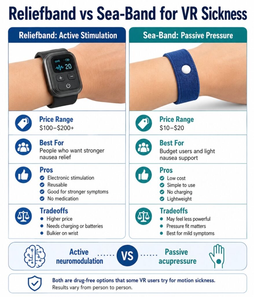 Reliefband vs Sea Band motion sickness comparison for VR nausea prevention
