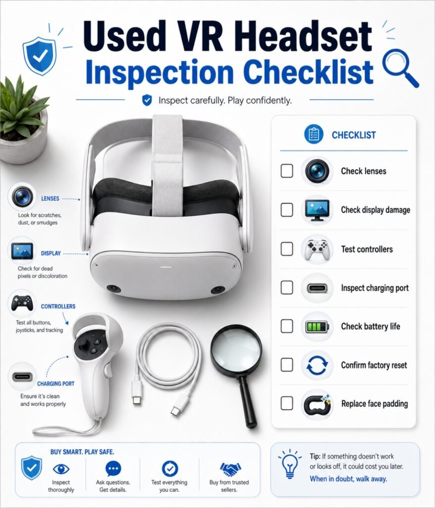 Used VR headset inspection checklist for Quest and PCVR buyers