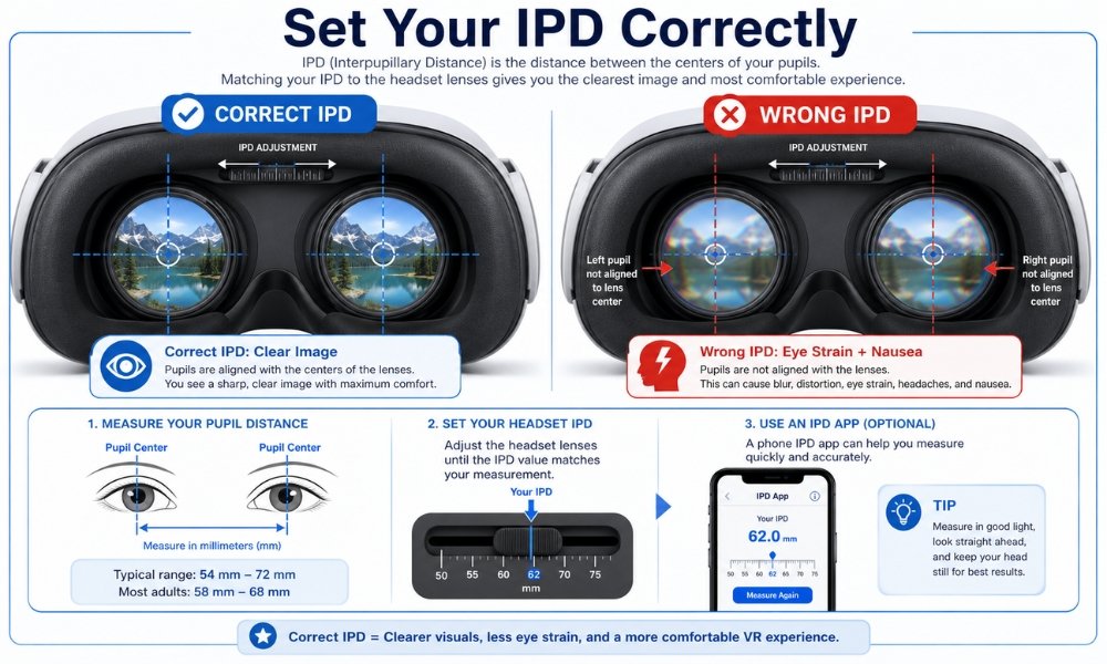 VR IPD calibration guide to reduce eye strain headaches and motion sickness