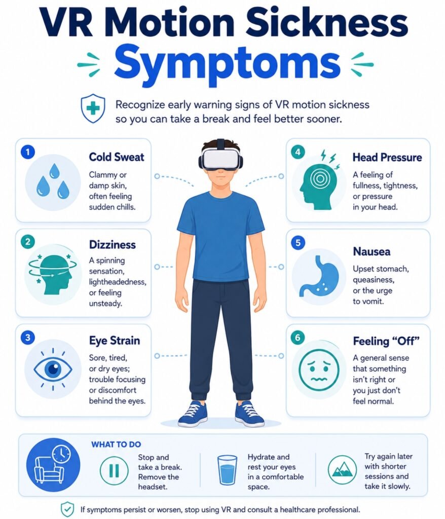VR motion sickness symptoms checklist for beginners experiencing nausea and dizziness