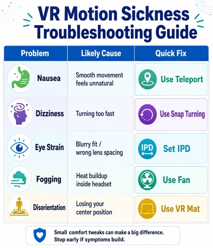 VR motion sickness troubleshooting table with beginner fixes for nausea dizziness eye strain and fogging