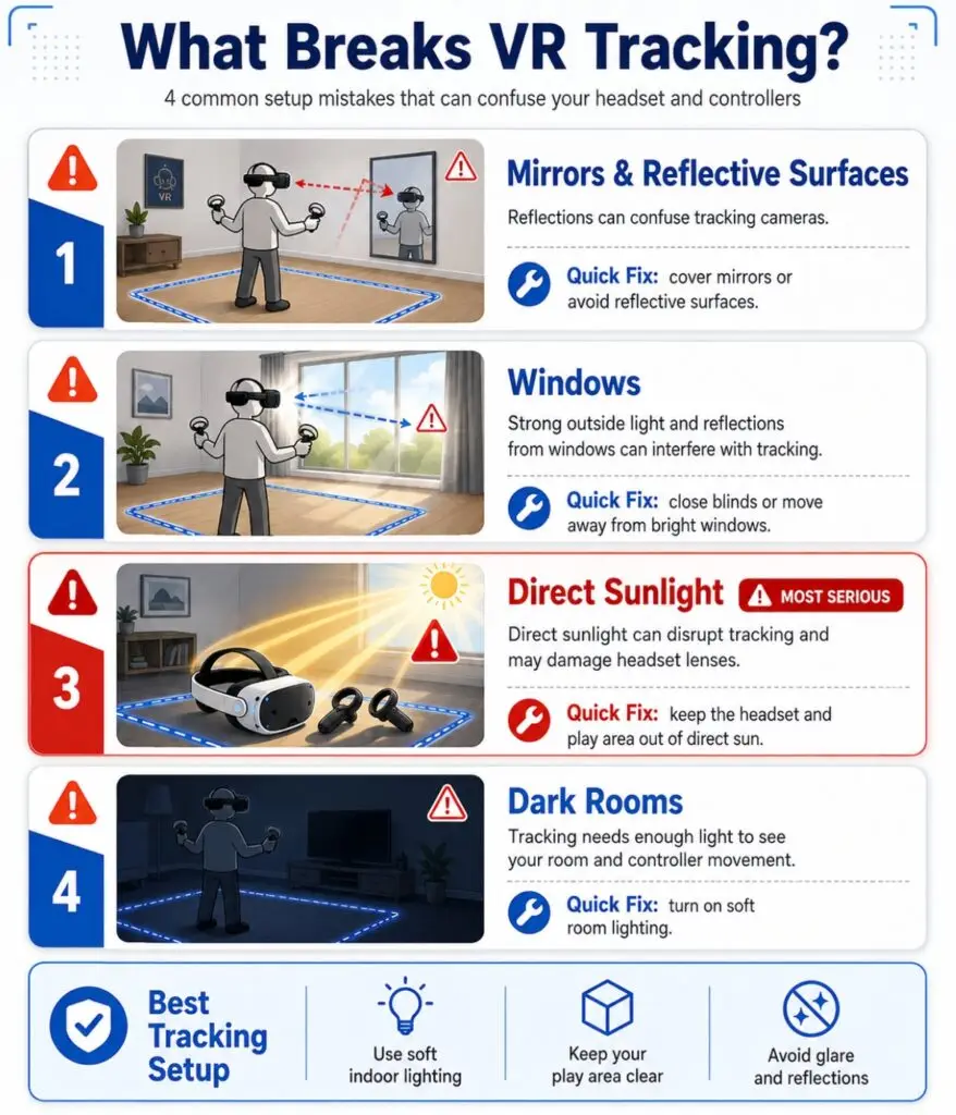 Common VR tracking problems caused by mirrors sunlight and dark rooms