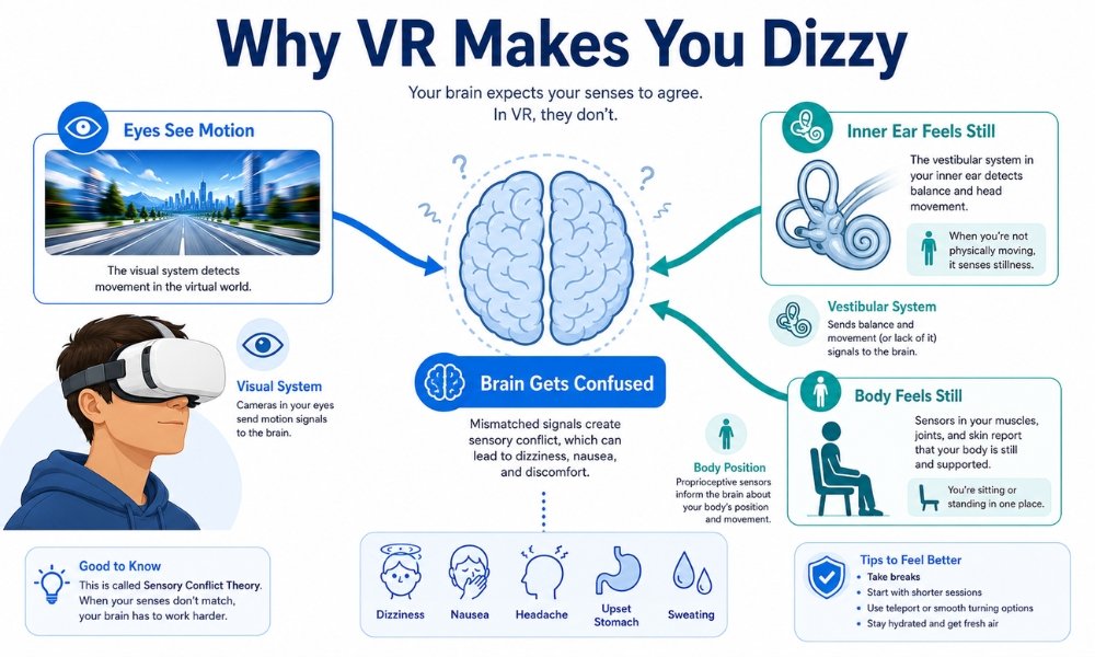 Sensory conflict theory explanation for VR motion sickness and cybersickness