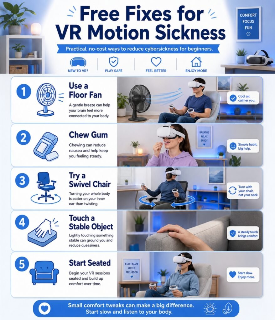 Zero cost VR motion sickness fixes including fan chewing gum swivel chair and seated play