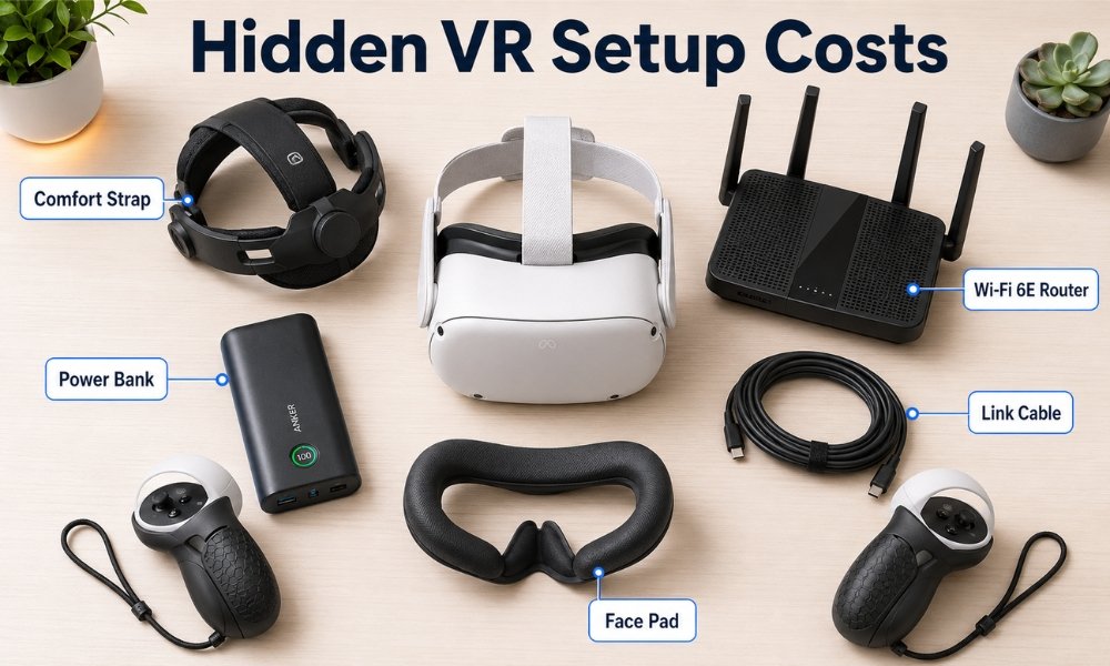 Essential VR accessories including comfort strap, power bank, Wi-Fi 6E router, and Link cable