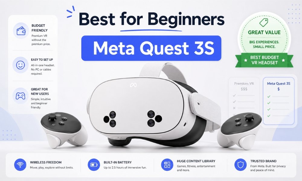 Meta Quest 3S shown as the best budget VR headset for beginners