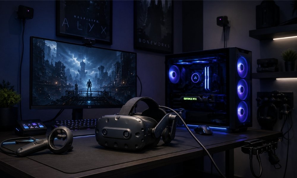 High-end PC VR setup with gaming computer, tethered headset, and tracking sensors