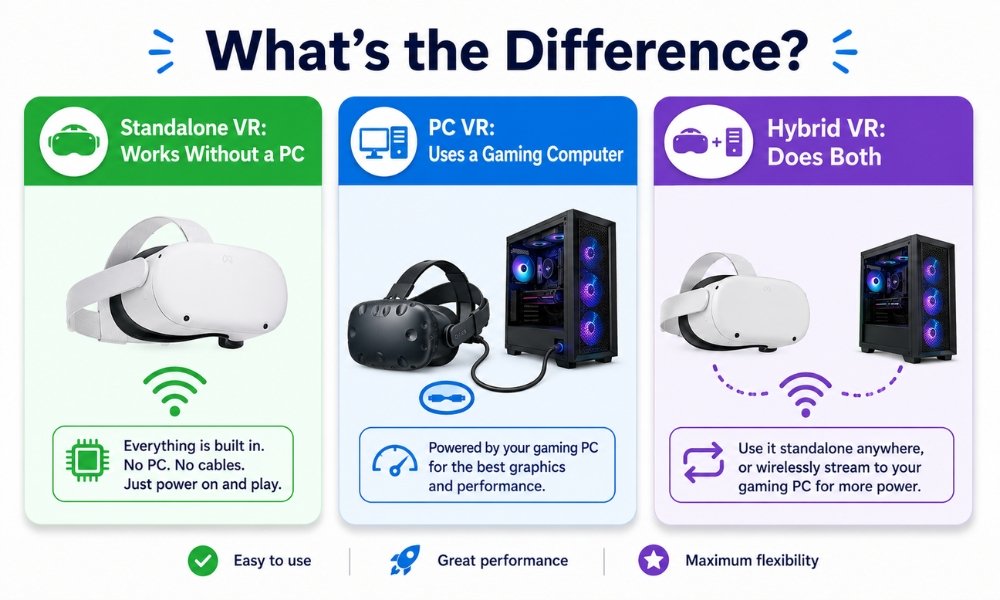 Infographic explaining standalone VR, PC VR, and hybrid VR for beginners